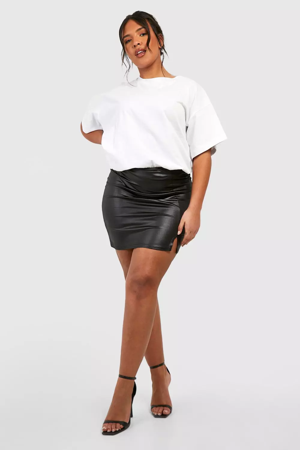 Plus Size Ladies Black Wet Look Faux Leather Mini Skater Skirt UK