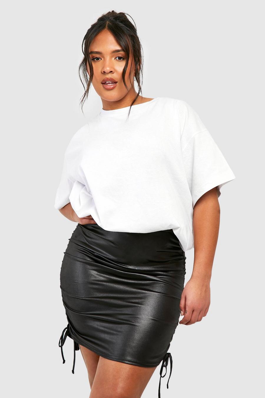 Black Plus Wet Look Ruched Side Mini Skirt