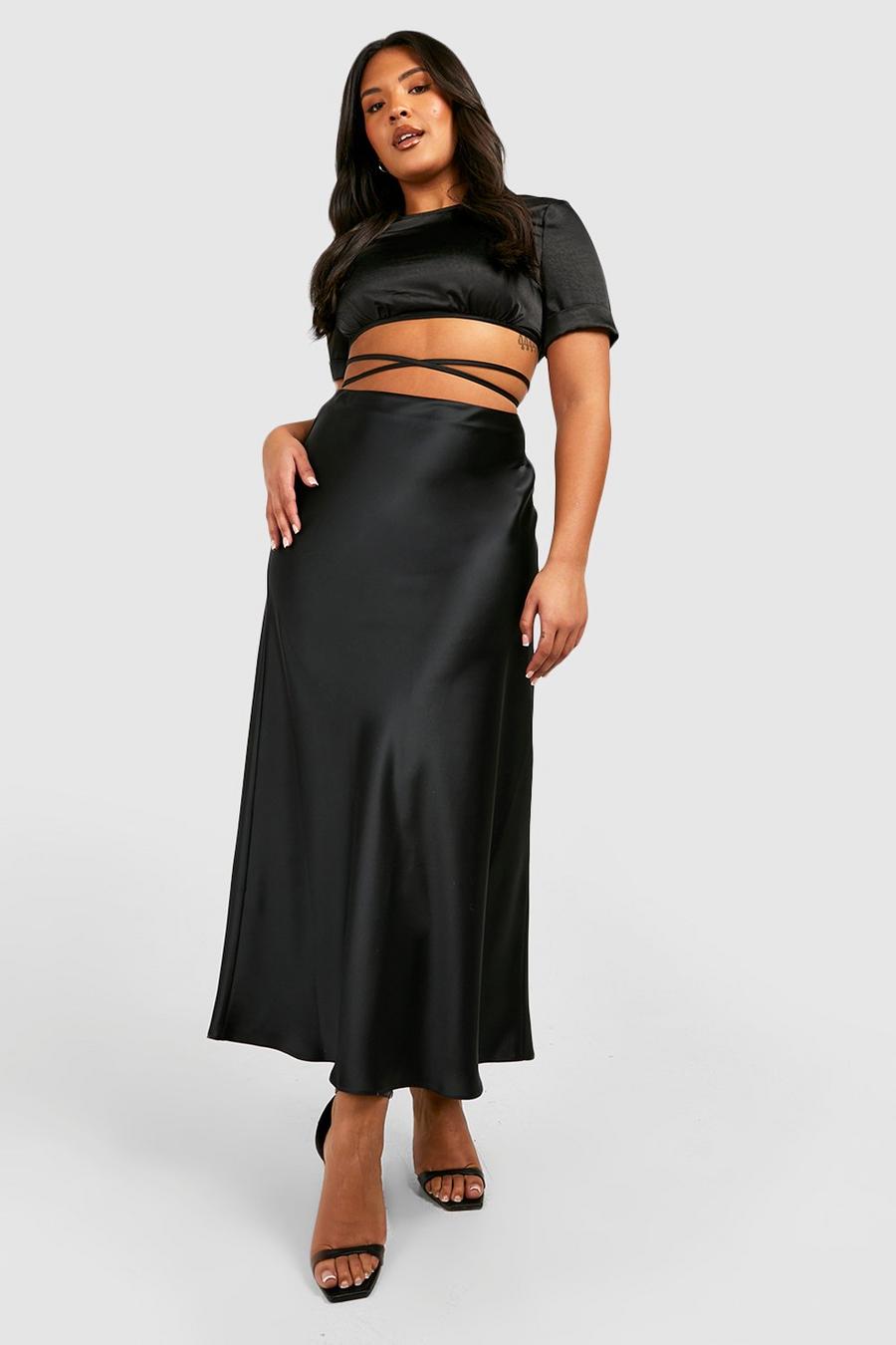 Black Plus Satin Bias Midaxi Slip Skirt image number 1