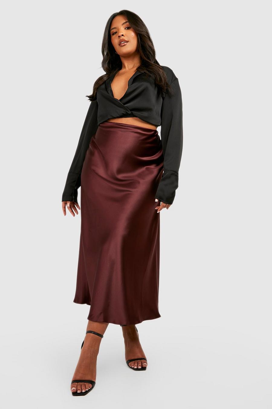 Chocolate brown Plus Satin Bias Midi Slip Skirt image number 1
