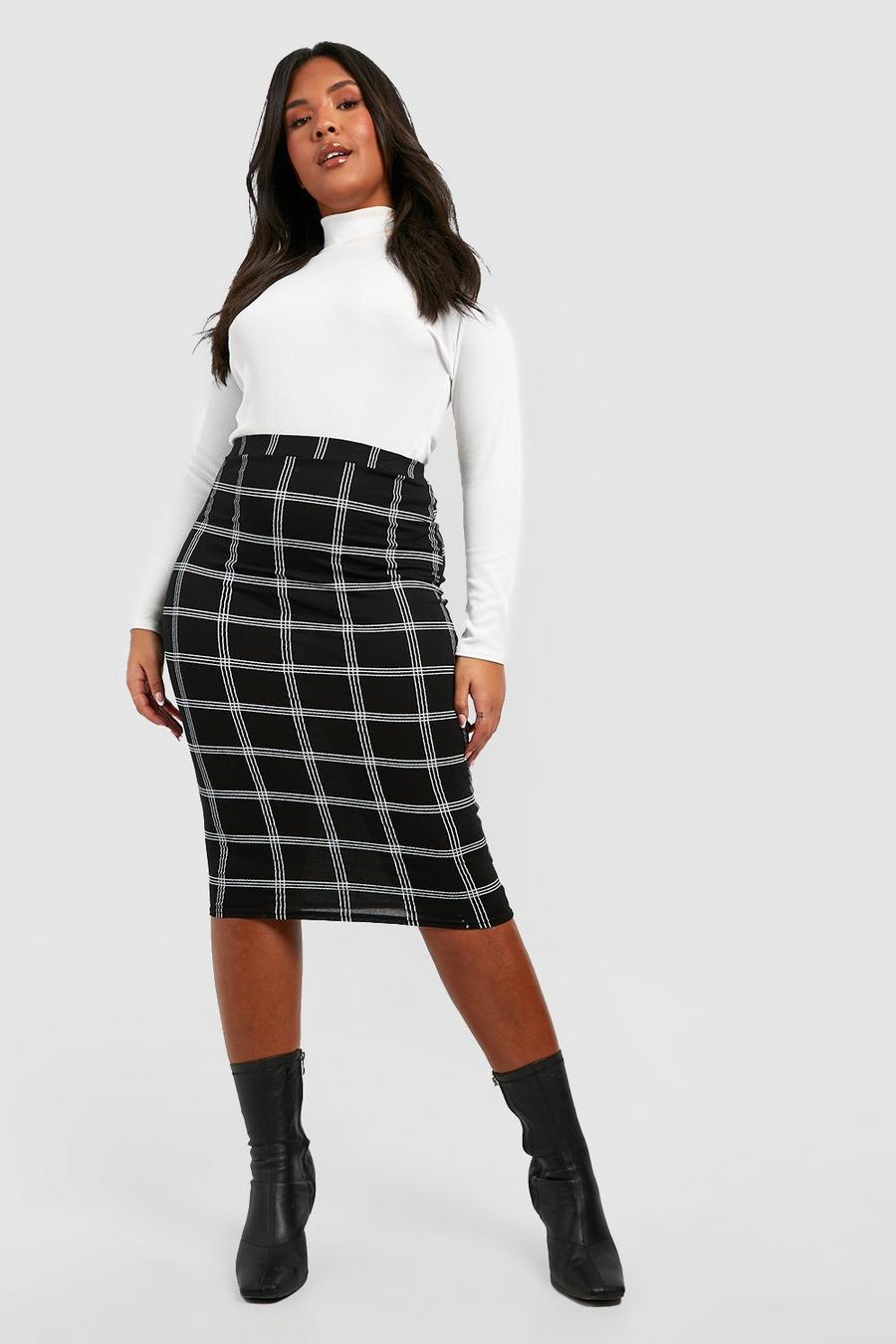 Black Plus Flannel Print Basic Jersey Knit Midi Skirt image number 1