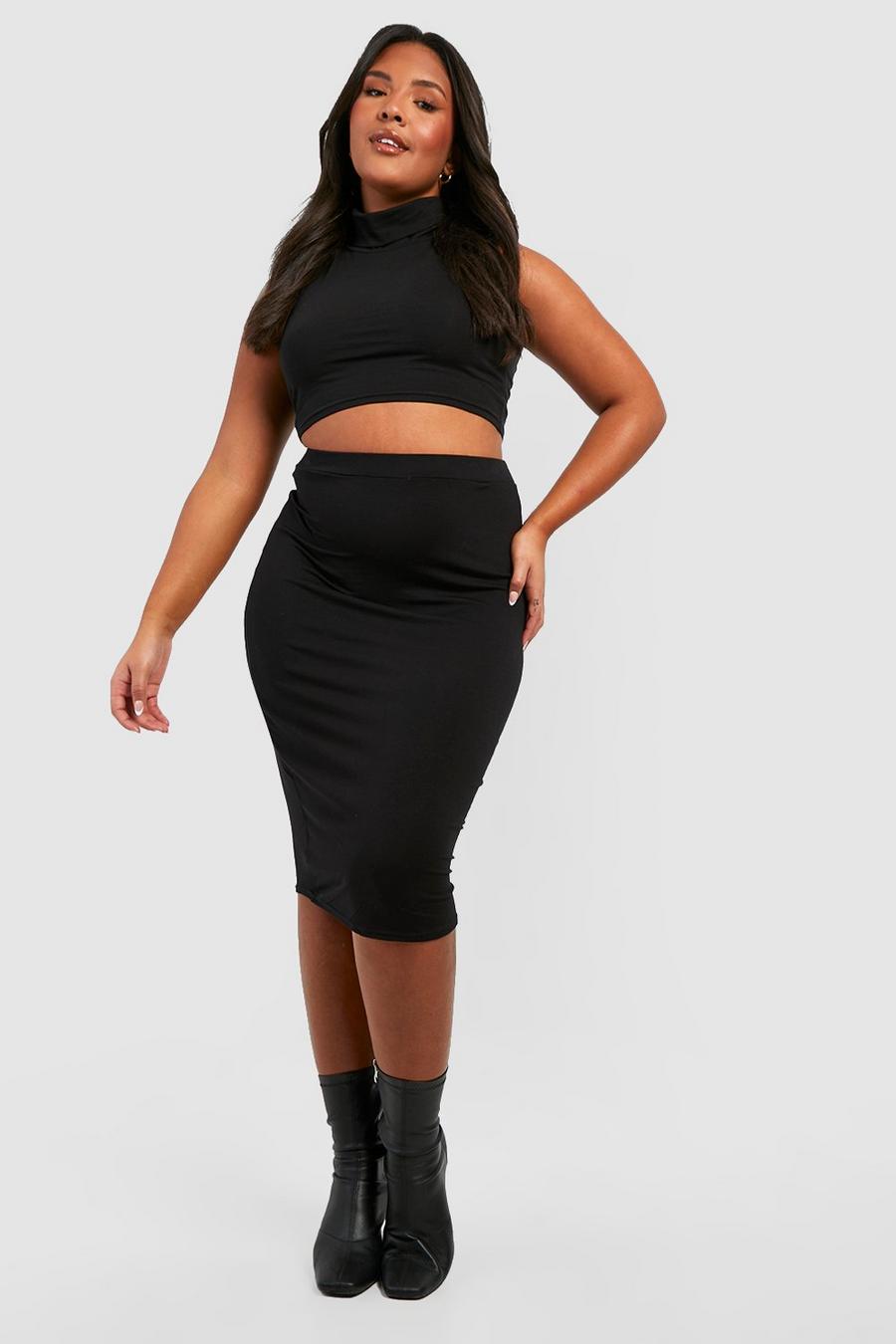 Black Plus Basic Jersey Knit Midi Skirt image number 1
