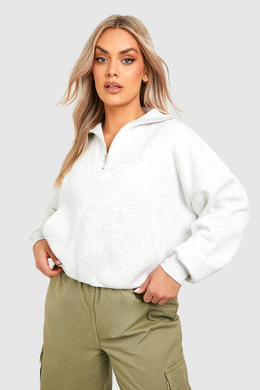 Ash grey Plus Double Pocket Half Zip Sweater image number 1