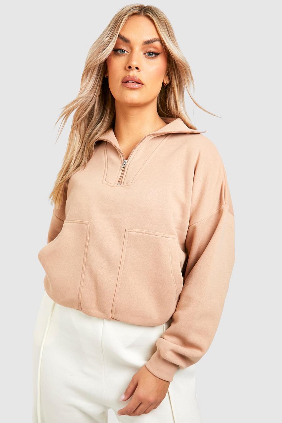 Taupe Plus Double Pocket Half Zip Sweater image number 1