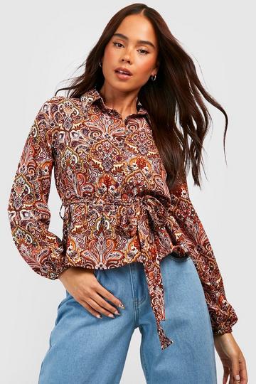 Petite Paisley Print Collared Belted Shirt multi