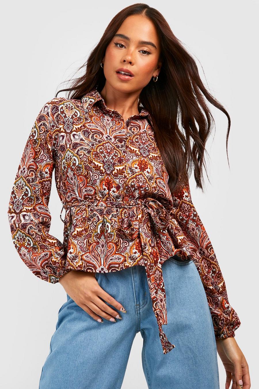 Multi Petite Paisley Print Collared Belted Shirt  image number 1