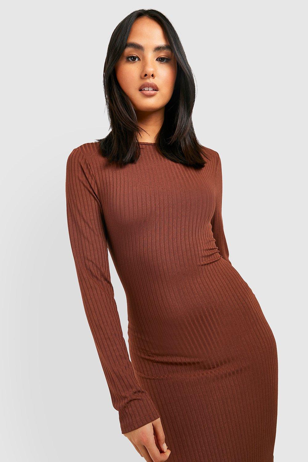 Brown Basic Ribbed Long Sleeve Midi Dress