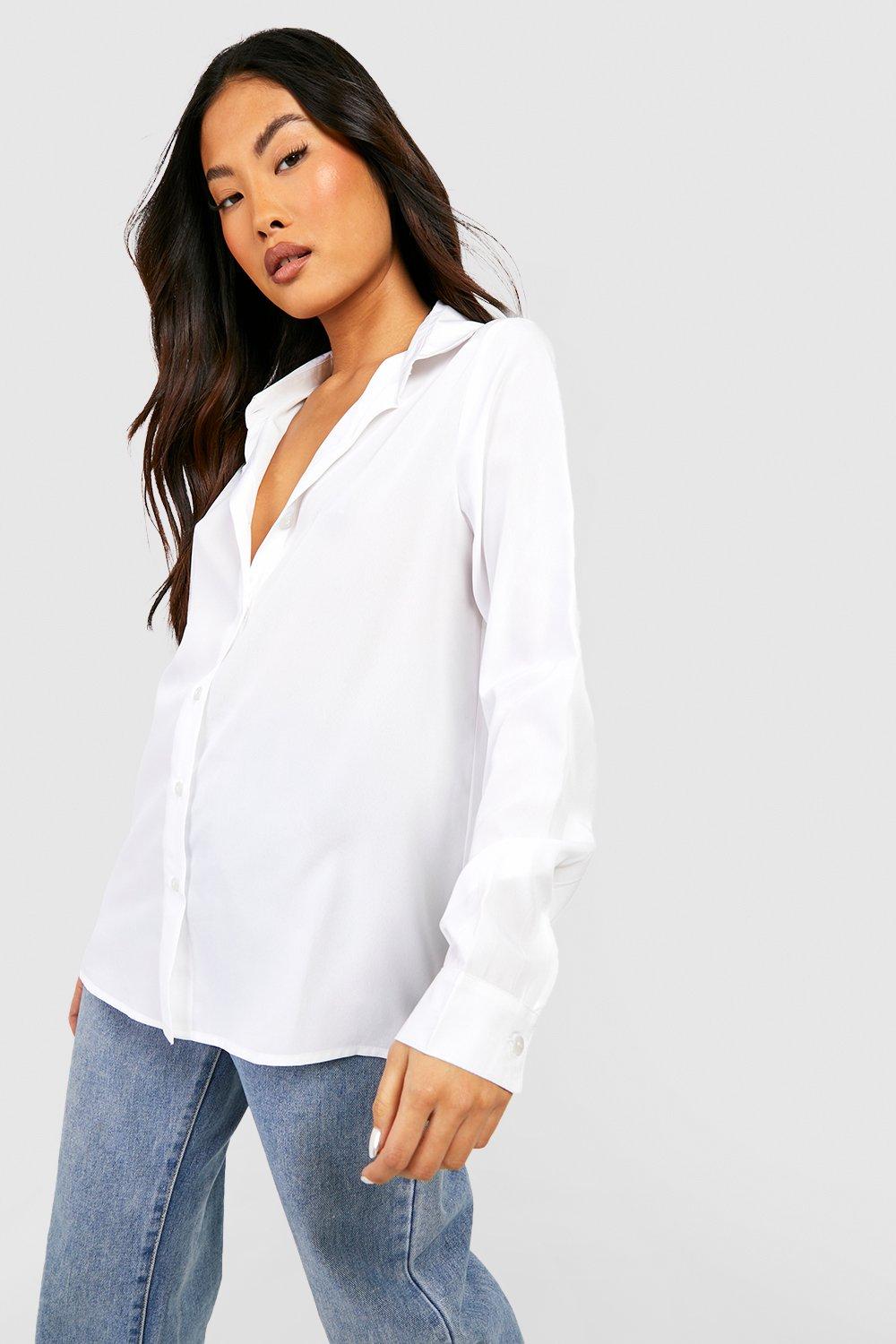 White Petite Woven Long Sleeve Shirt boohoo UK