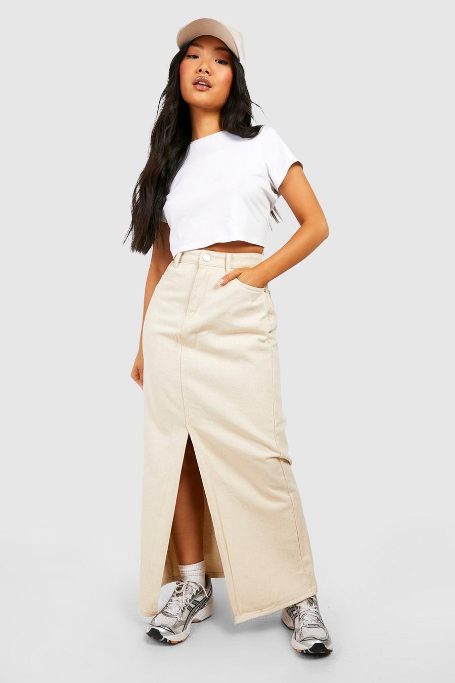 Ecru white Petite Denim Split Front Maxi Skirt
