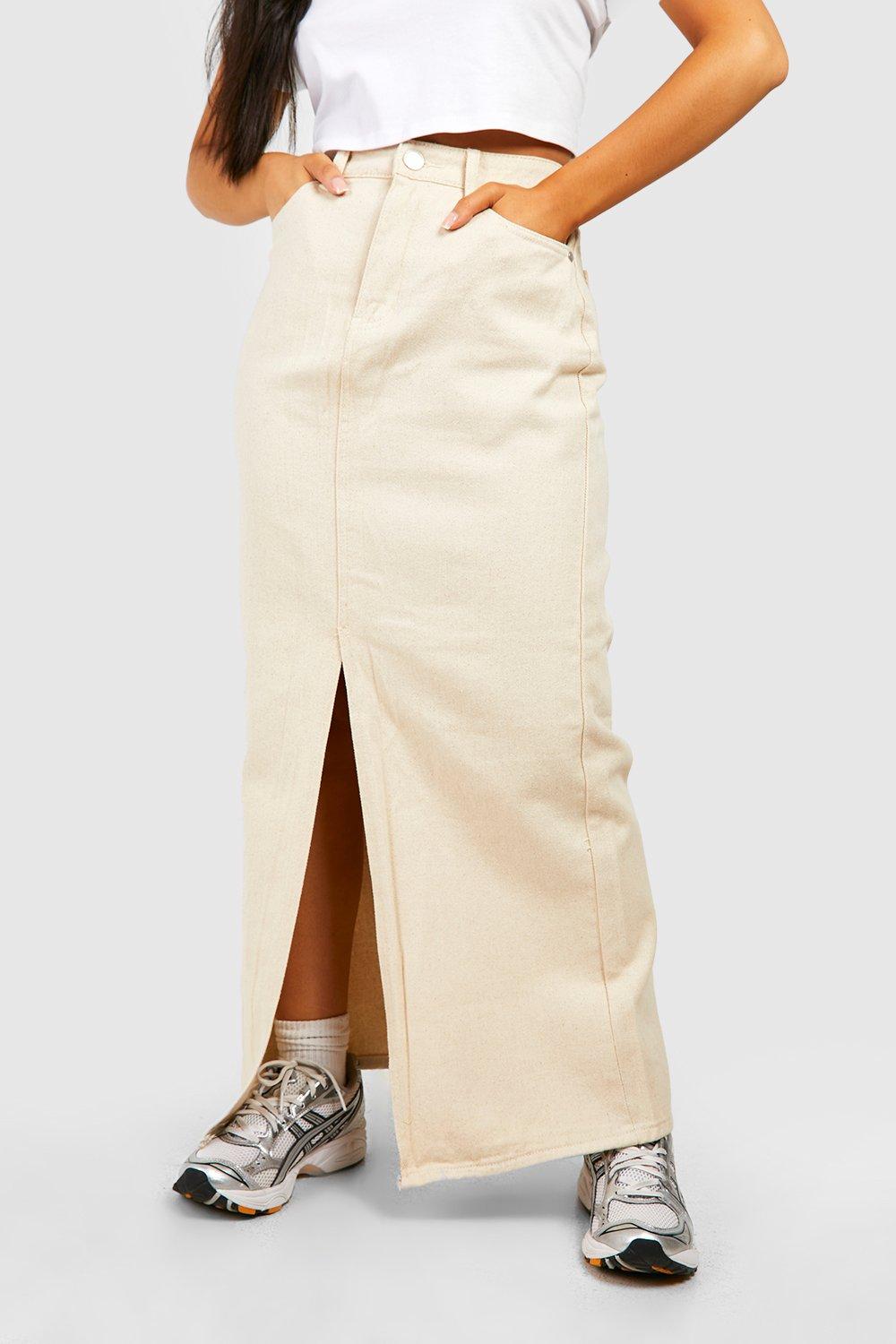 Boohoo Women s Denim Split Front Maxi Skirt Cream