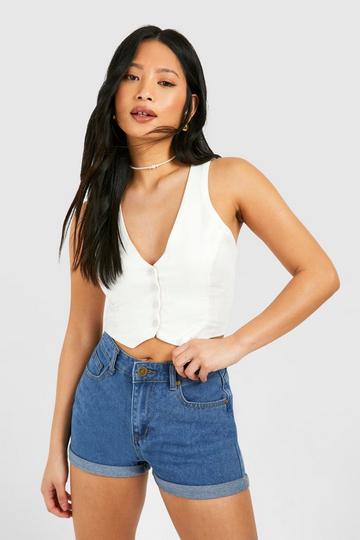 Petite Mid Wash Denim High Waisted Turned Up Hem Shorts mid wash