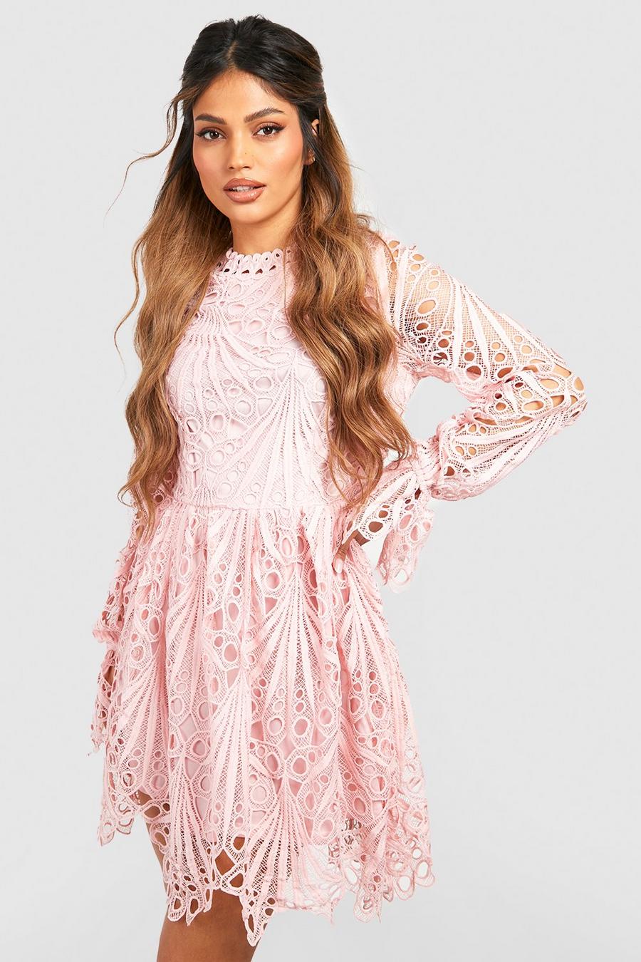Blush pink High Neck Flared Sleeve Lace Skater Dress image number 1