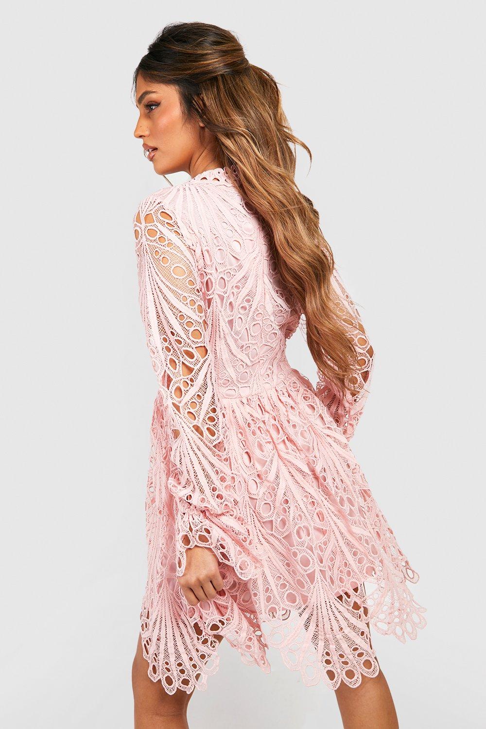 Rent Boohoo Blush High Neck Flared Sleeve Lace Skater Dress