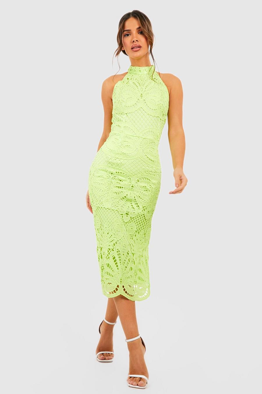 Neon-lime Premium Crochet Lace High Neck Midi Dess image number 1
