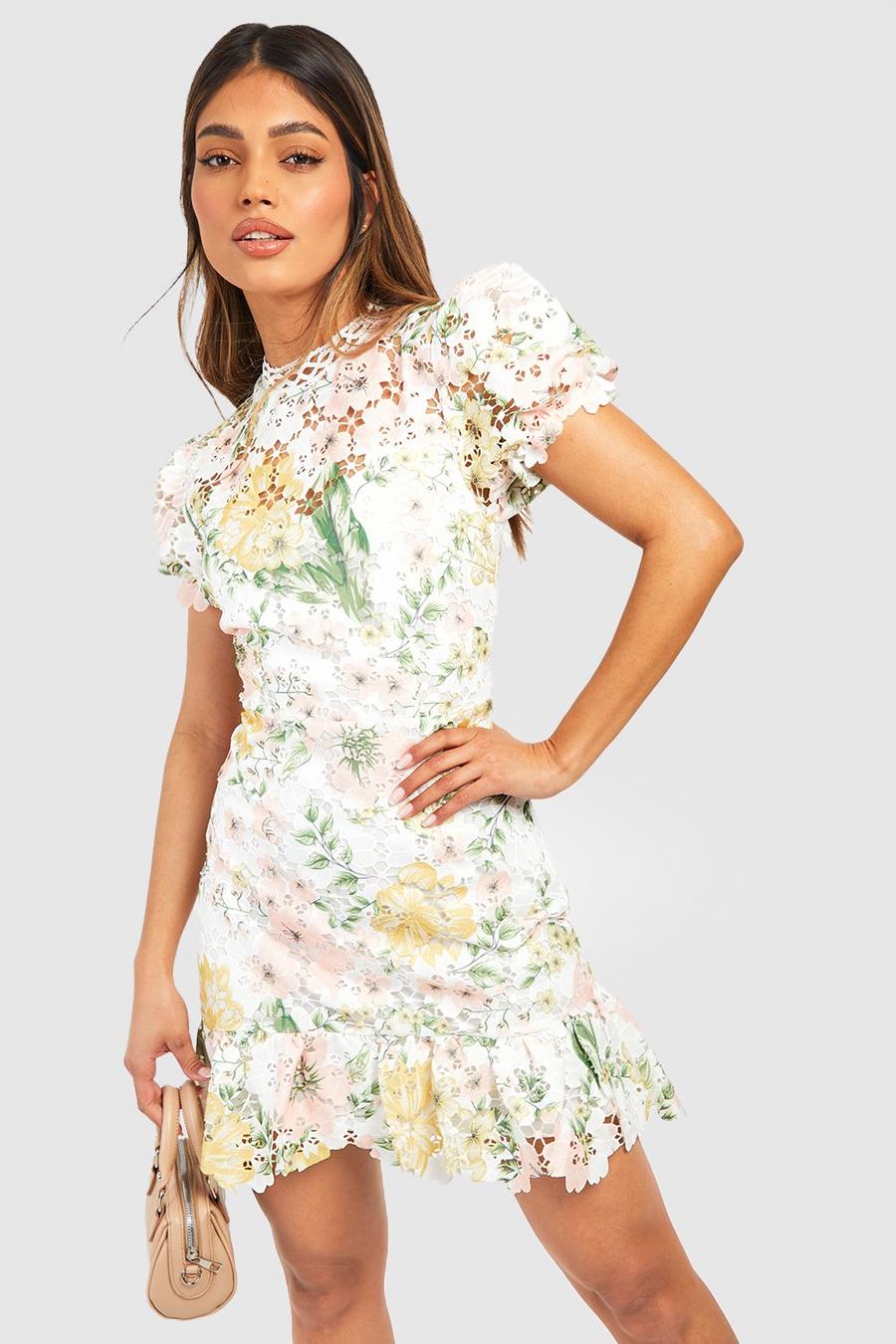 Vestido mini Premium de croché con estampado de flores, Lemon image number 1