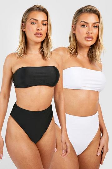 2 Pack Bandeau High Waist Bikini Set black_white