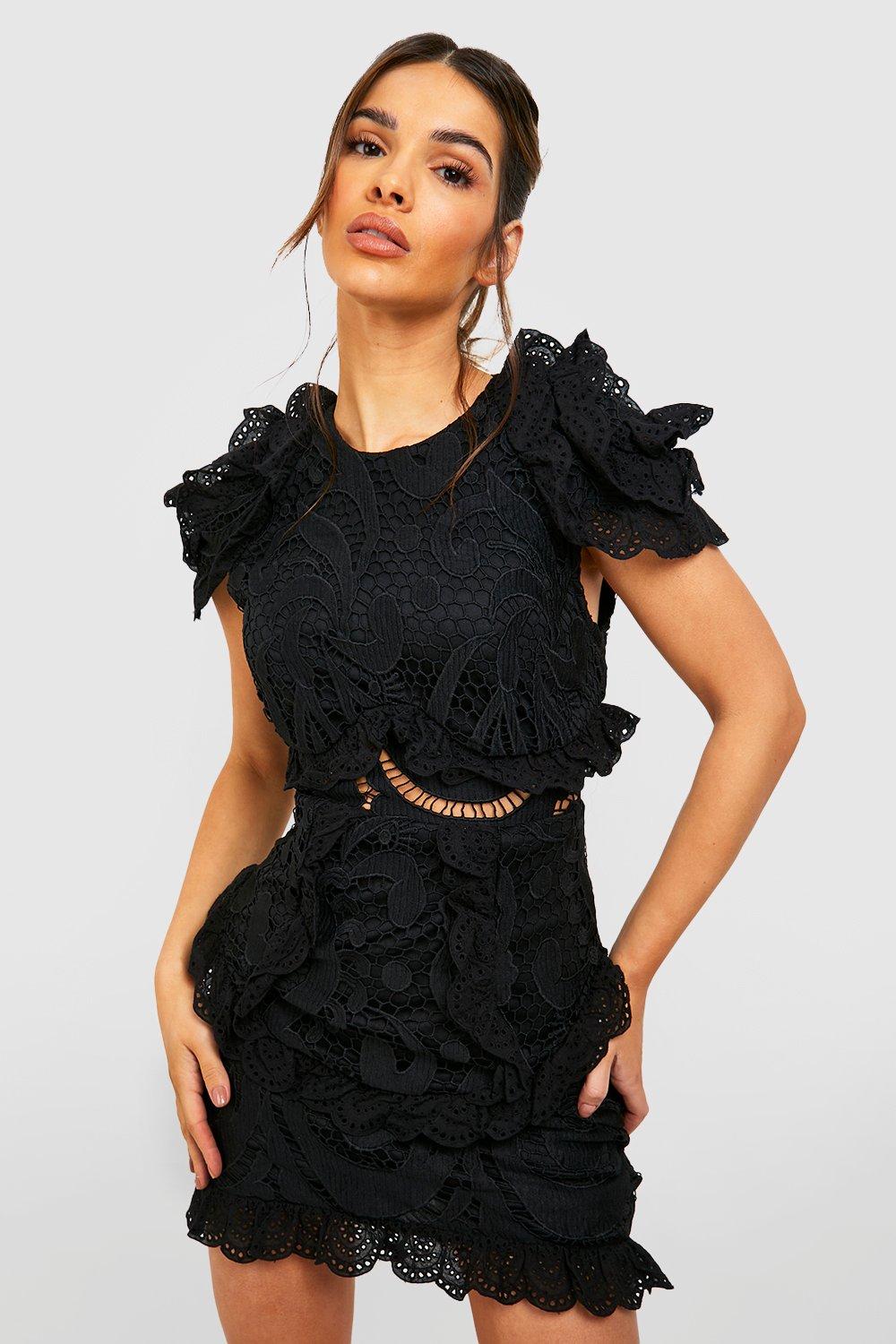 Women s Premium Crochet Lace Frill Detail Mini Dress Boohoo UK