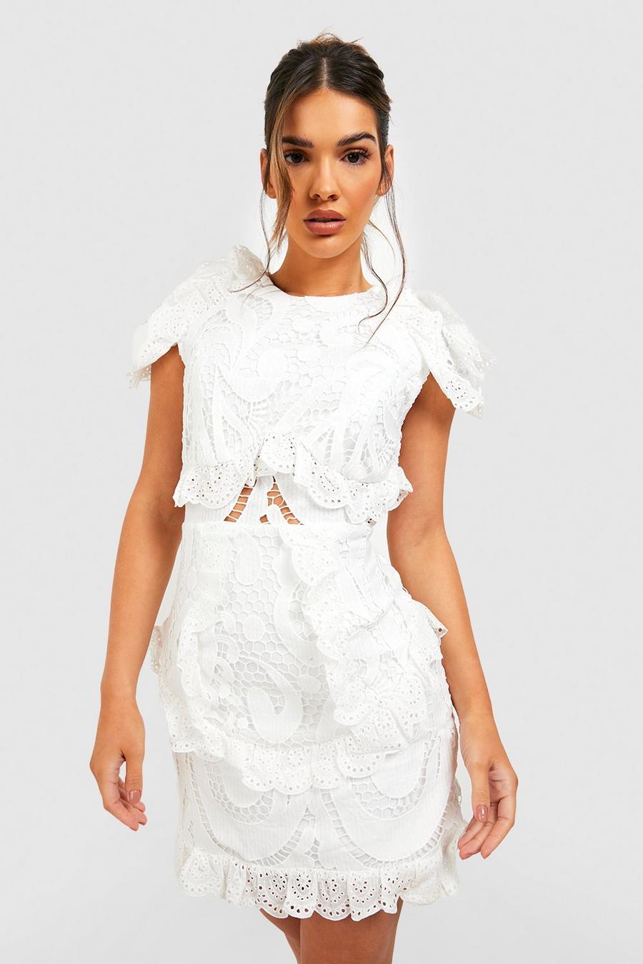 White Premium Crochet Lace Frill Detail Mini Dress