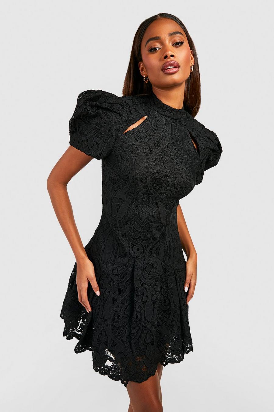 Black Premium Crochet Lace Puff Sleeve Mini Dress image number 1