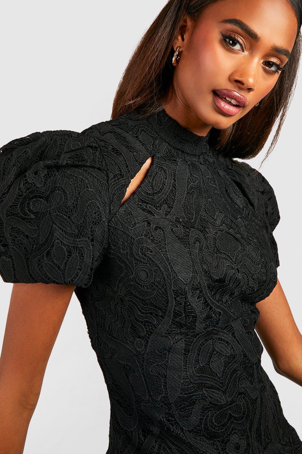 Black Lace Notch Neck Puff Sleeve Mini Dress