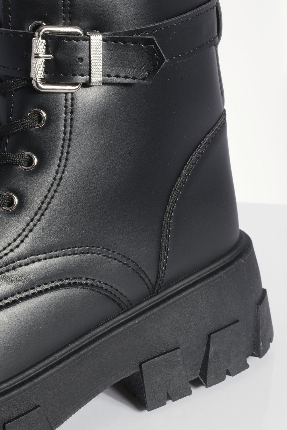 Chunky Sole Buckle Detail Lace Up Combat Boots