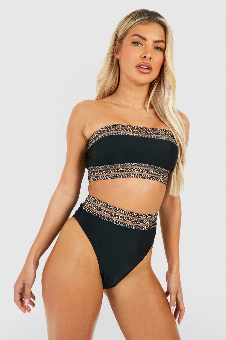 Set bikini a fascia leopardato con finiture in rete, Black nero