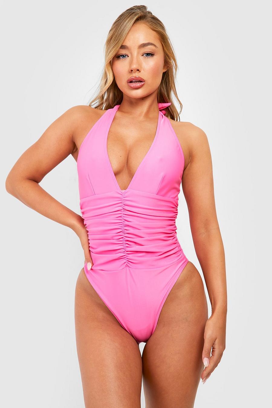 Neckholder-Badeanzug mit gerafftem Detail, Hot pink image number 1