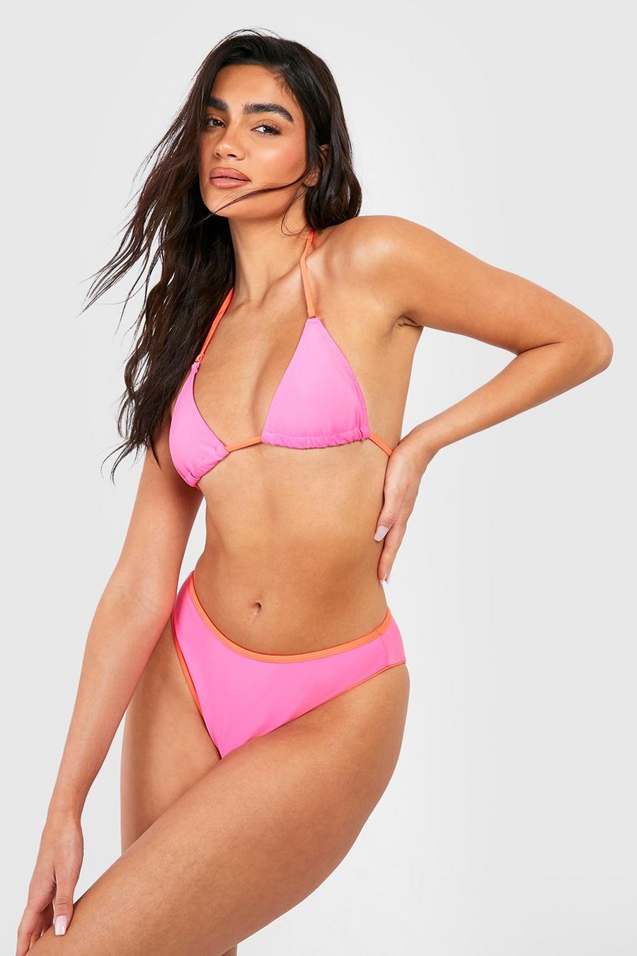 Pink Contrast Binding High Waist Bikini Brief