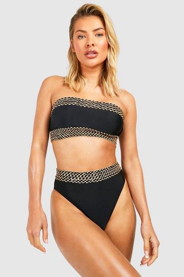 Black Embellished Trim Bandeau High Waist Bikini Set