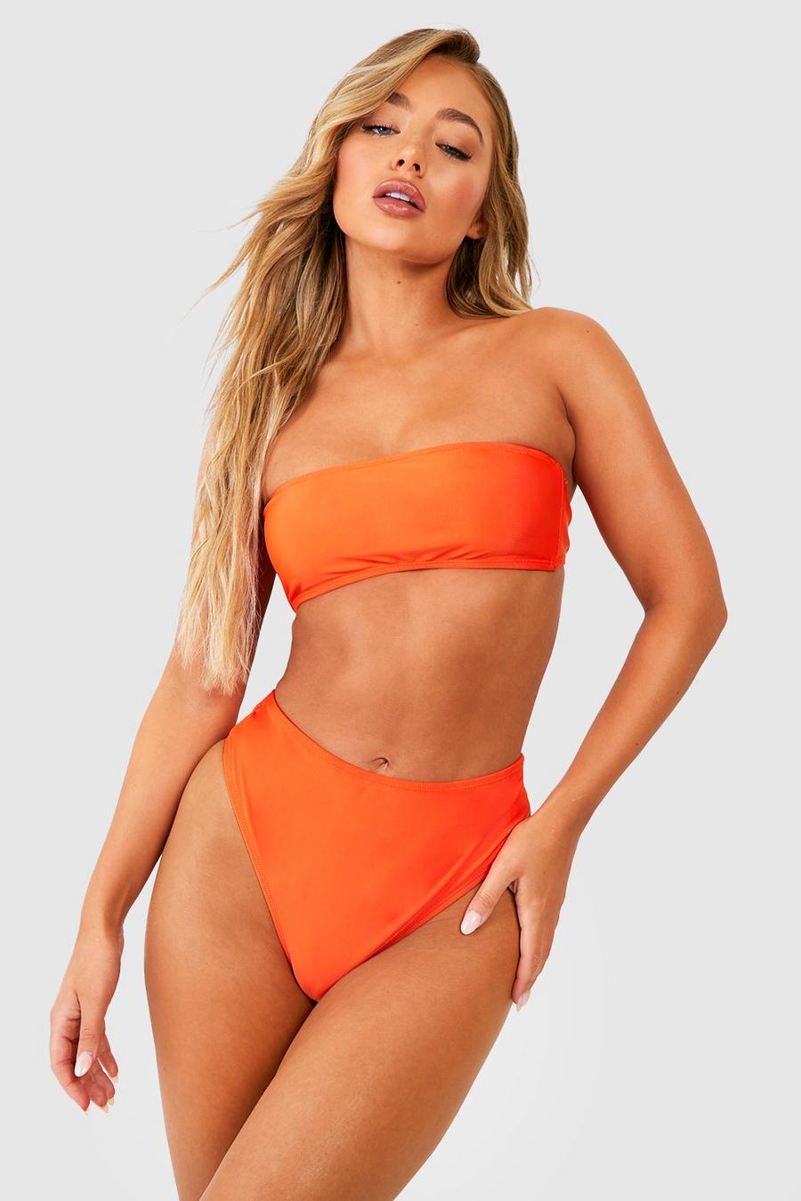 Tropical orange Bandeau High Waisted Bikini Set