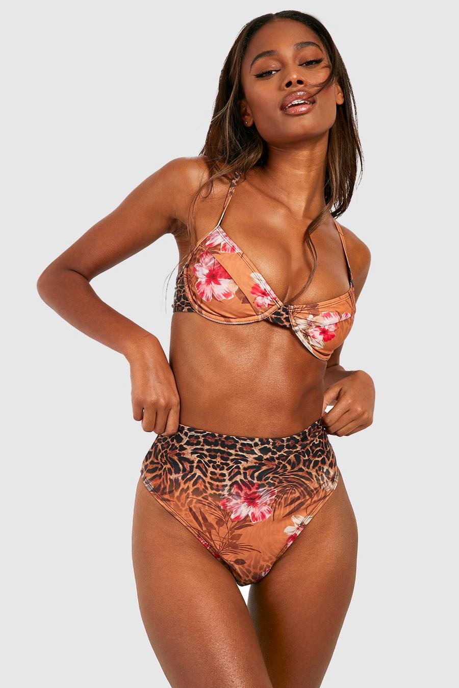 Brown braun Tropisch Luipaardprint High Waist Bikini Broekje