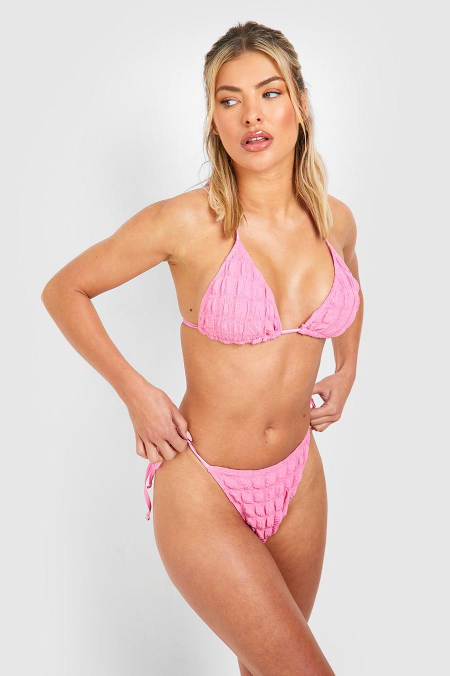 Pink rosa Bubble Texture Triangle Tie Side Bikini Set