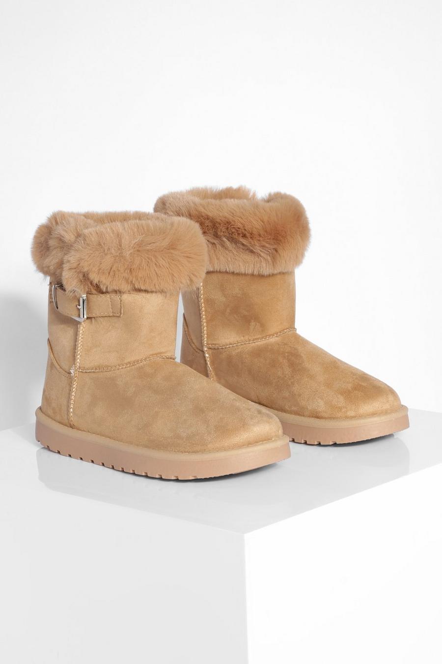 Camel Fur Trim Buckle Detail Mini Cosy Boots image number 1