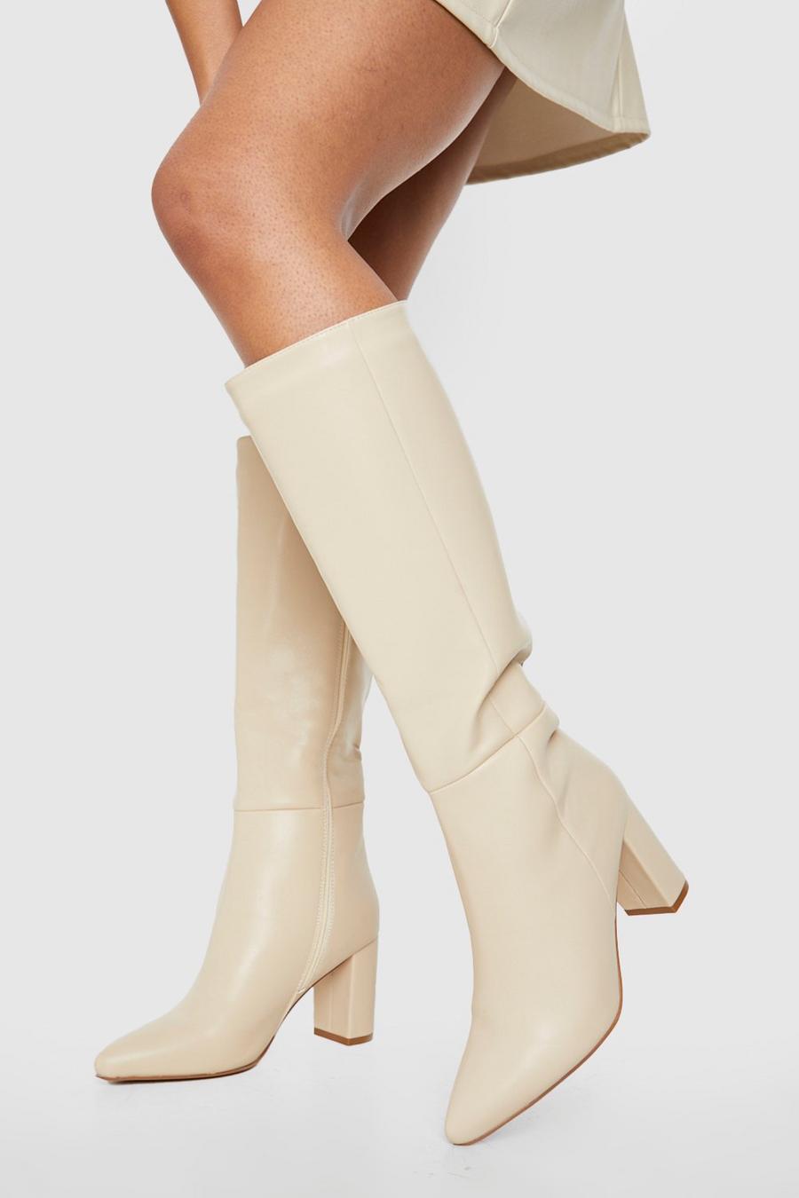 Cream Pointed Toe Block Heel Knee High Boots image number 1