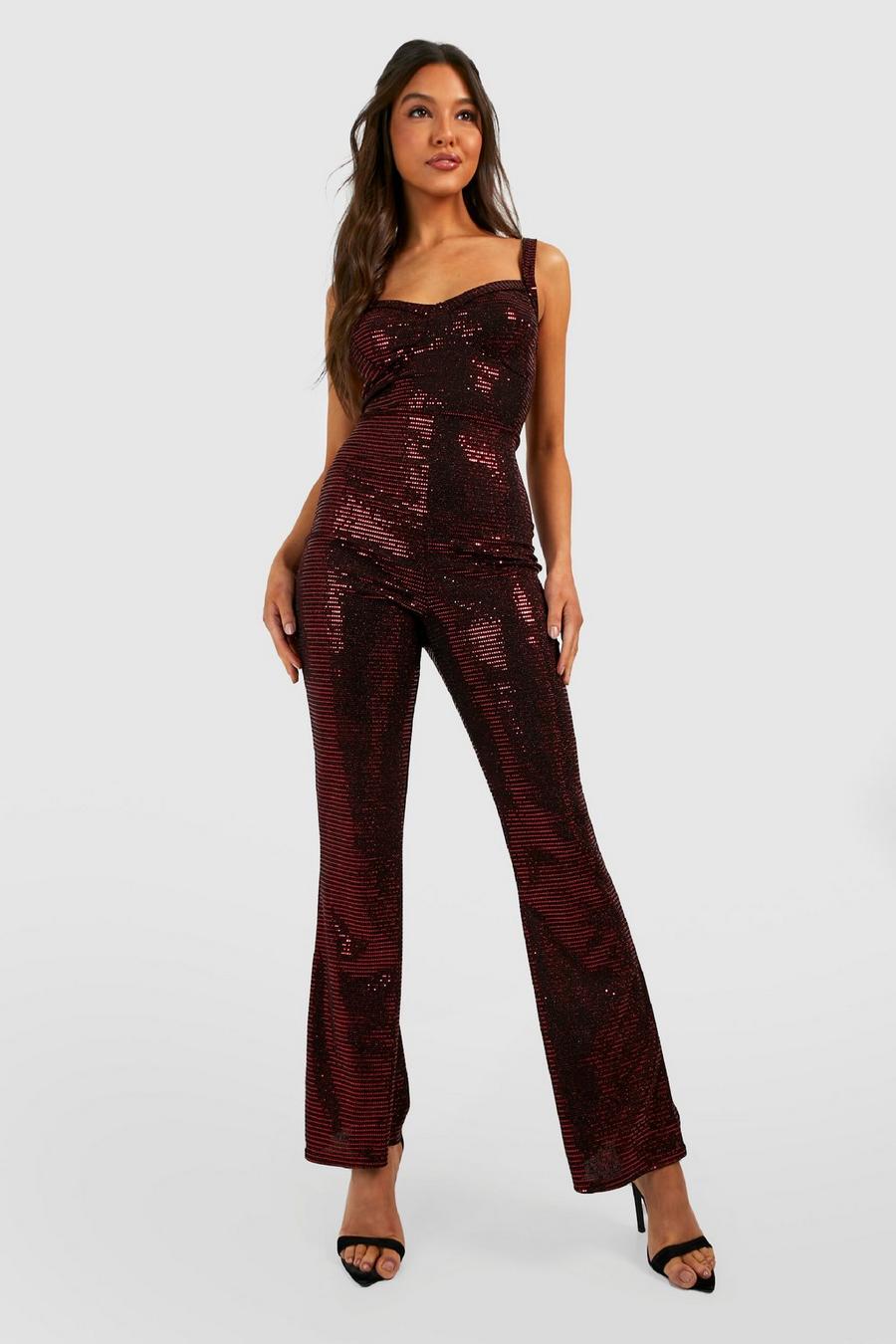 Red Sequin Strappy Flare Leg Jumpsuit  image number 1