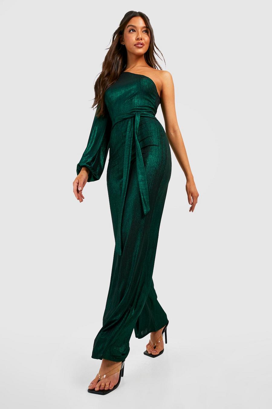 Emerald Textured Foil One Shoulder Wide Leg Jumpsuit  image number 1