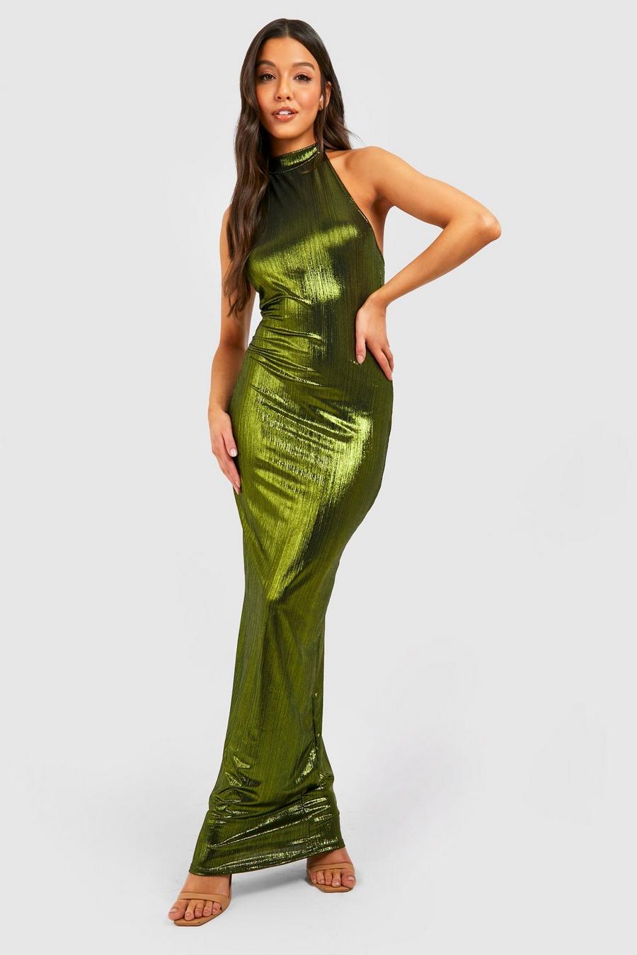Lime gerde Textured Foil Halterneck Maxi Dress