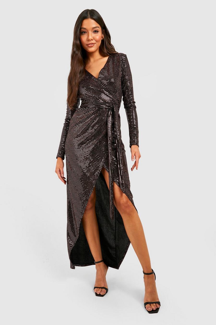 Rose gold Sequin Long Sleeve Wrap Detail Maxi Dress image number 1