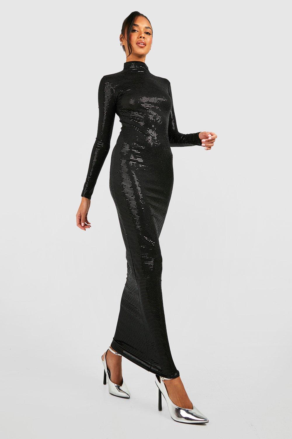 Sequin High Neck Long Sleeve Maxi Dress boohoo