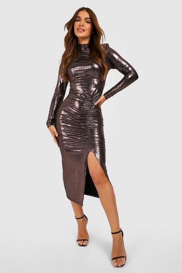 Textured Foil Shoulder Pad Midaxi Wrap Dress bronze