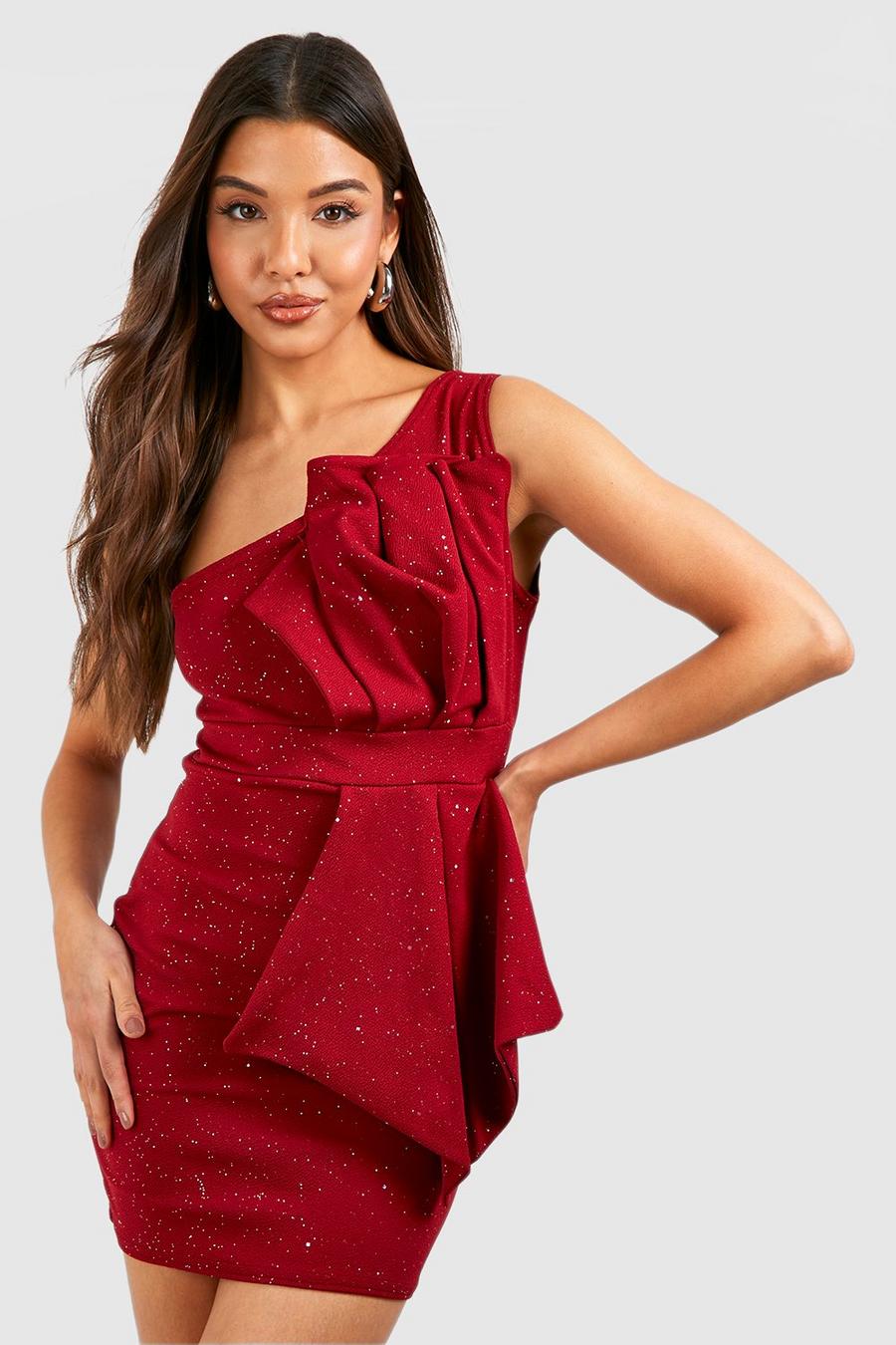 Berry Glitter One Shoulder Pleat Detail Bodycon Dress image number 1