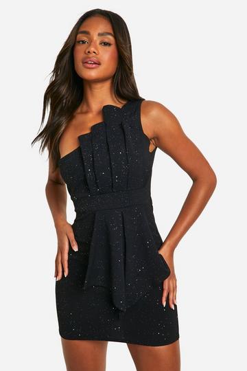 Glitter One Shoulder Pleat Detail Bodycon Dress black