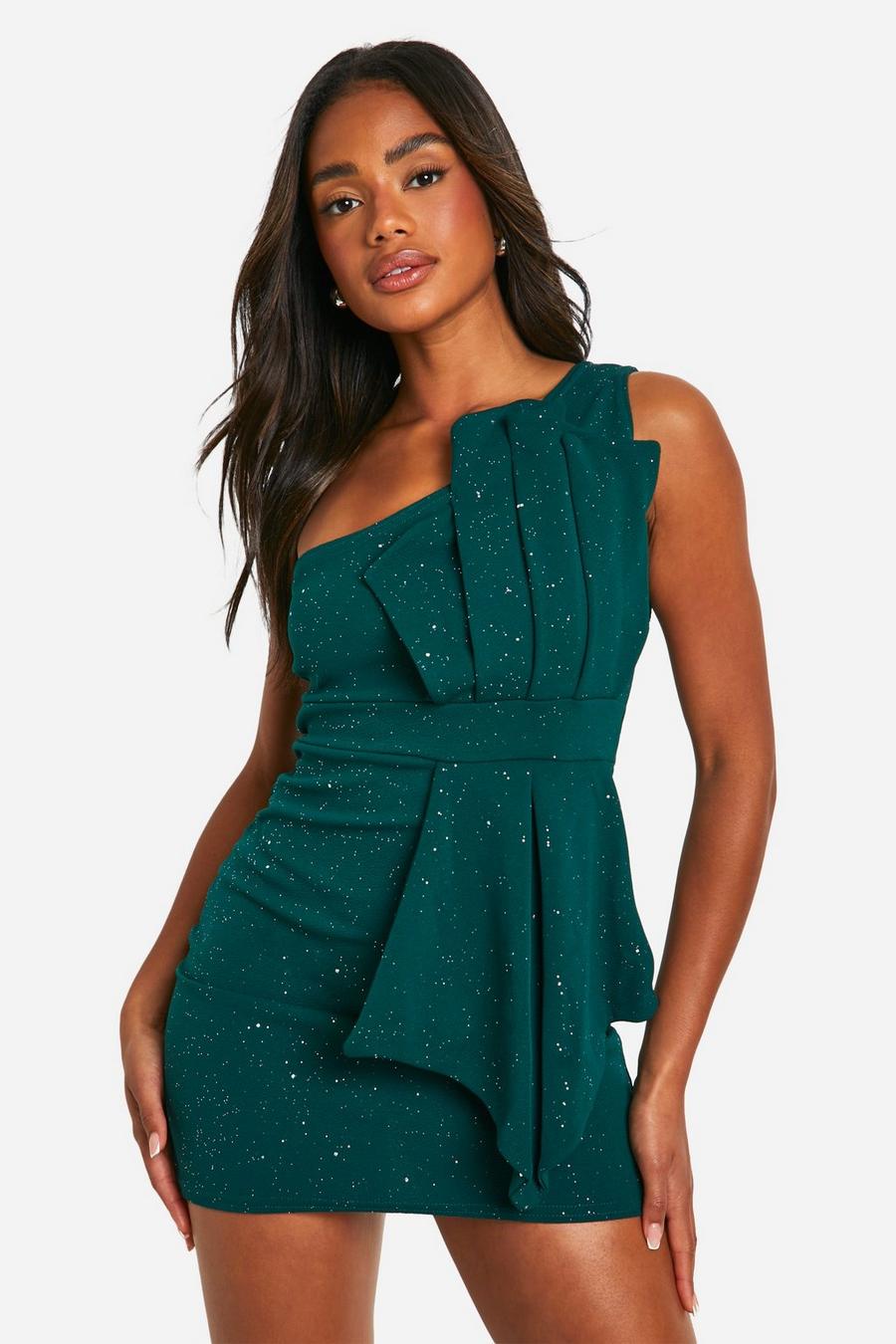 Emerald Glitter One Shoulder Pleat Detail Bodycon Dress image number 1