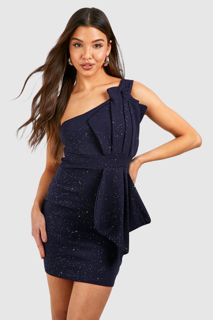 Navy Glitter One Shoulder Pleat Detail Bodycon Dress image number 1