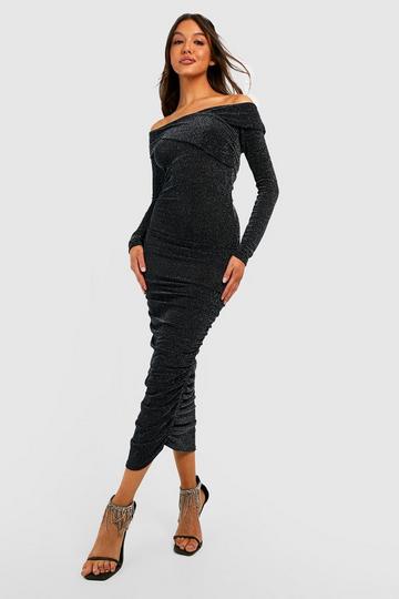 Black Glitter Off The Shoulder Midi Dress