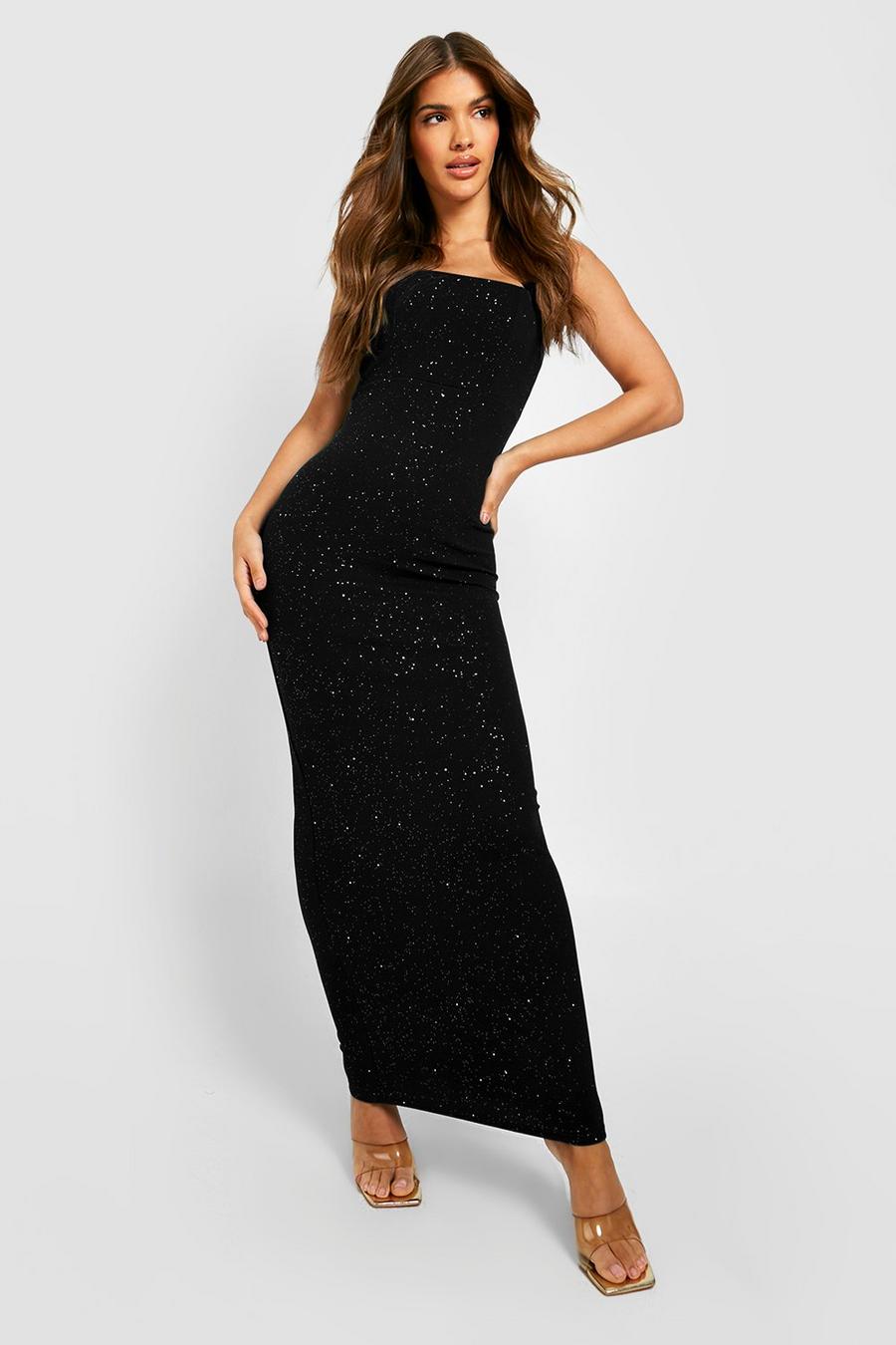 Black Glitter Crepe Strappy Maxi Dress image number 1
