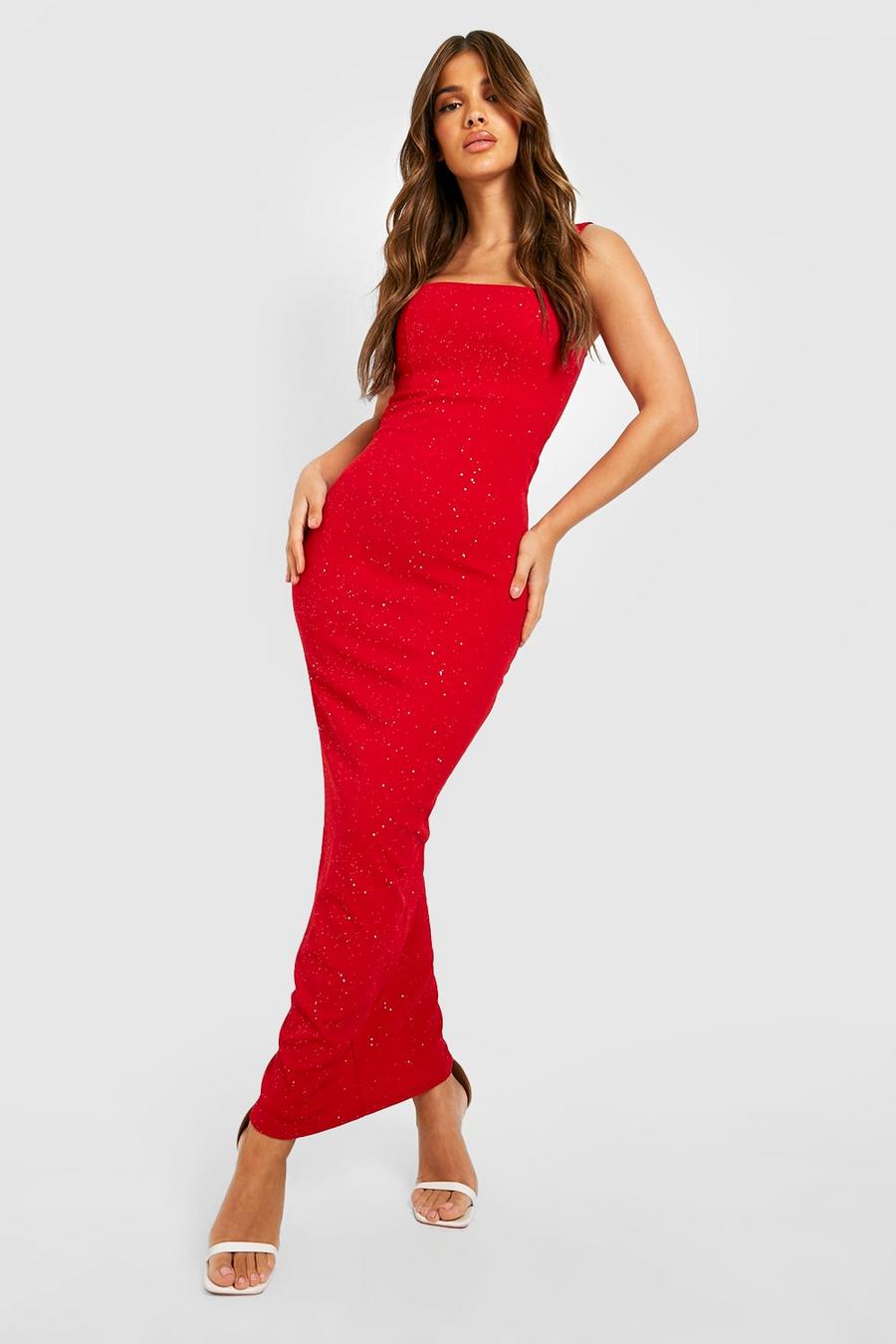 Red Glitter Crepe Strappy Maxi Dress