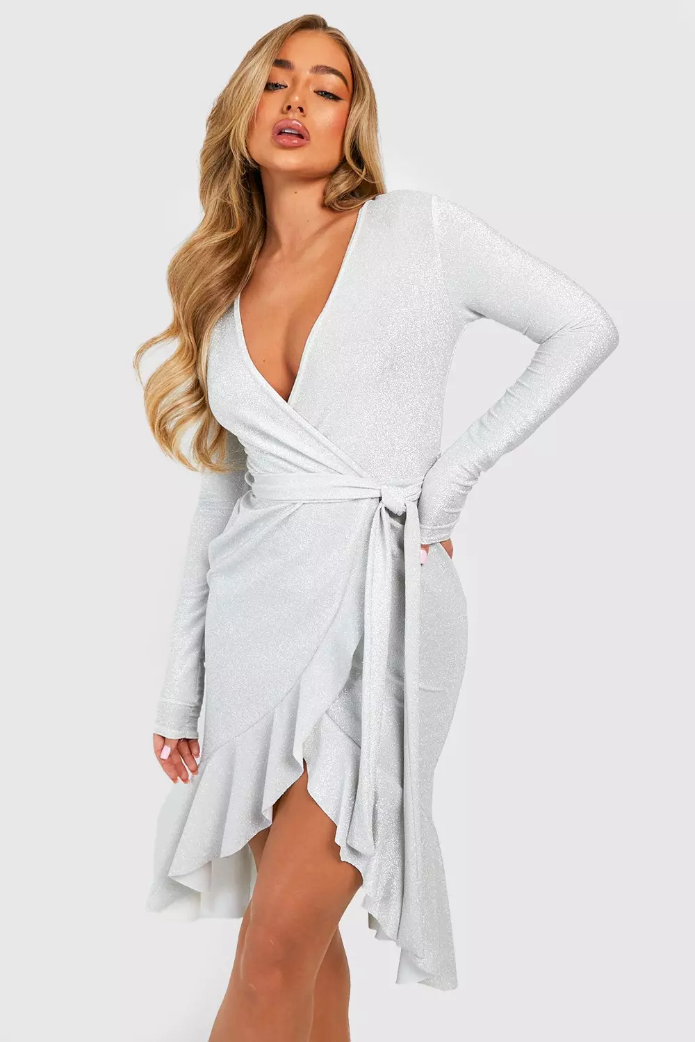 Silver glitter wrap dress online