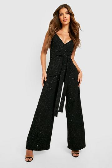 Glitter Strappy Wrap Belted Wide Leg Jumpsuit black