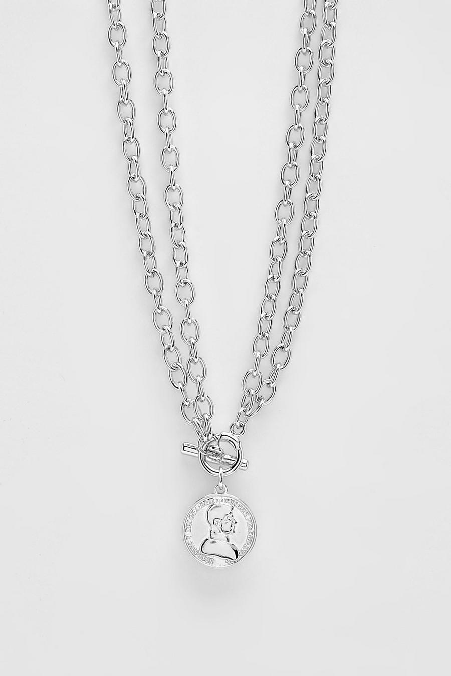 Silver Coin Charm Chunky Chain Necklace 